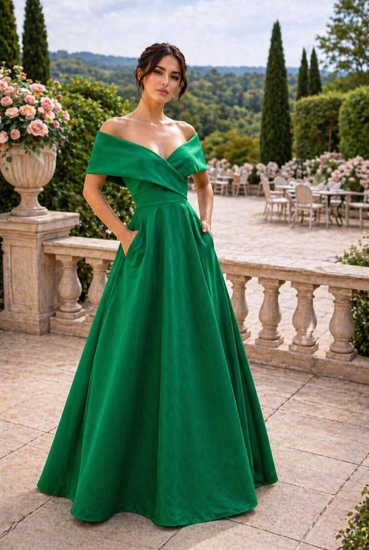 Off the shoulder taffeta ball gown