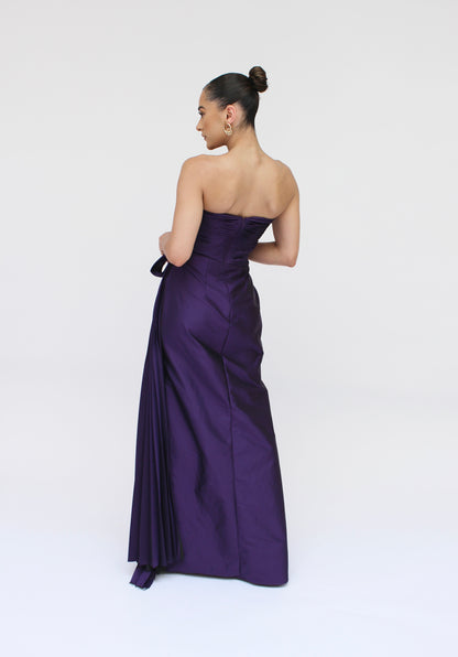 Victorian satin asymmetrical strapless knot detail side slit Ivanka gown