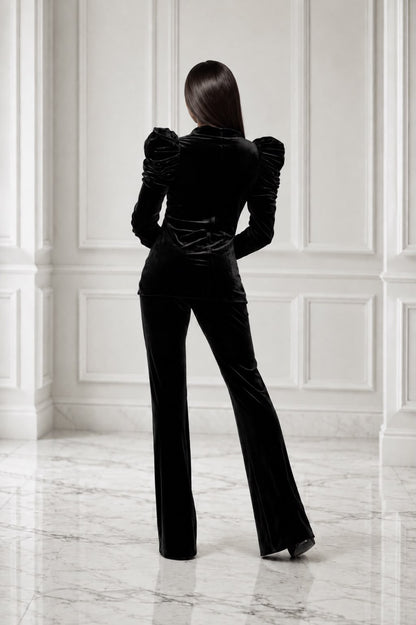 Stunning stretch velvet puffy sleeves suit set