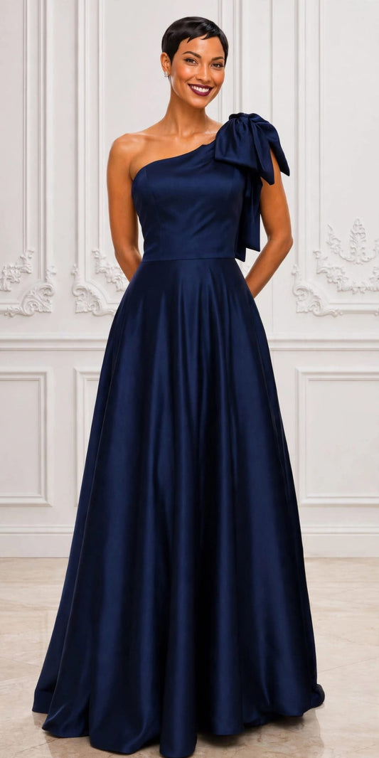 Elegant bow one shoulder satin ball gown