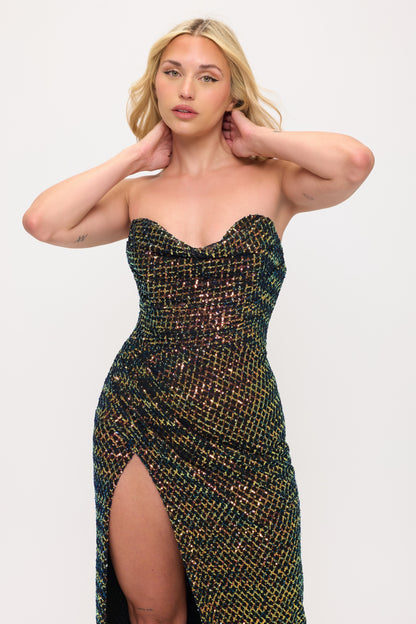 Sequin draped bodice stretchy side slit gown