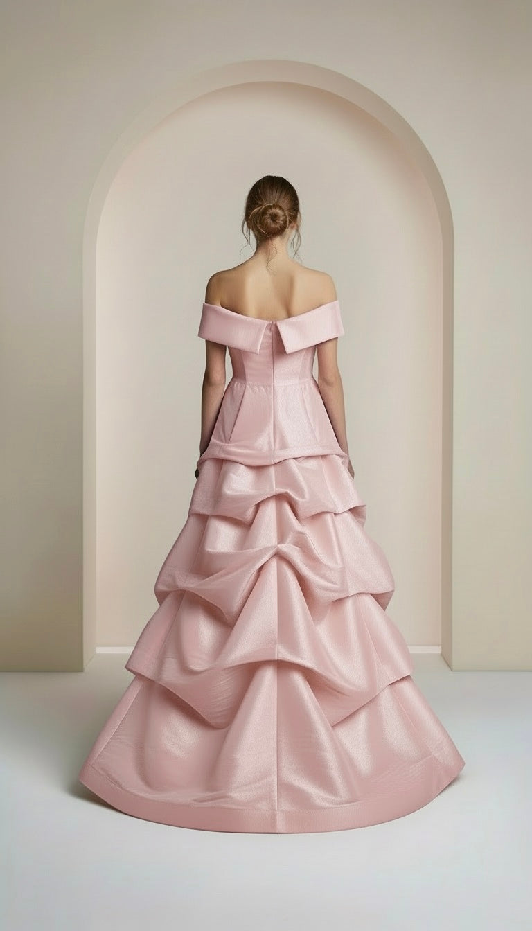 Off shoulder taffeta layered cupcake gown