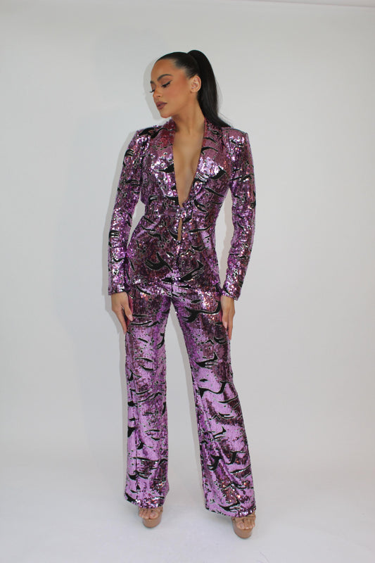 Bold Duet sequin pattern jacket and pants suit set