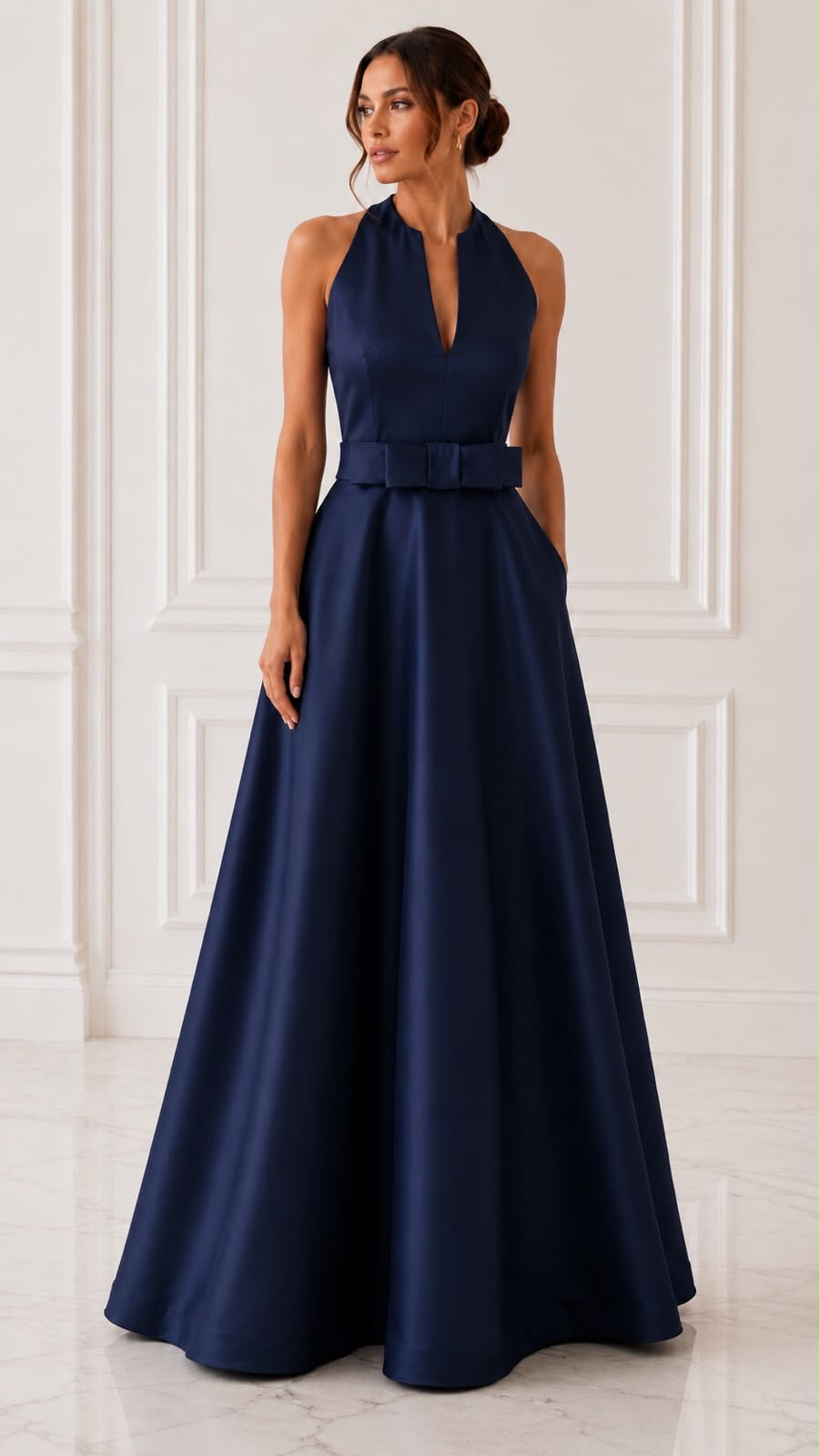 Sleeveless satin ball gown with detachable bow belt