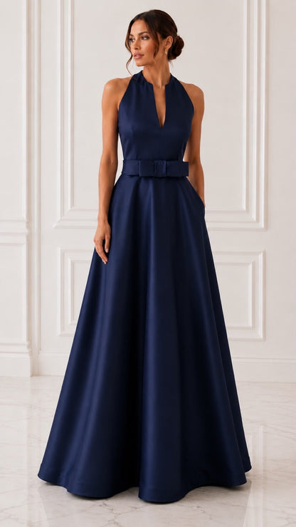 Sleeveless satin ball gown with detachable bow belt