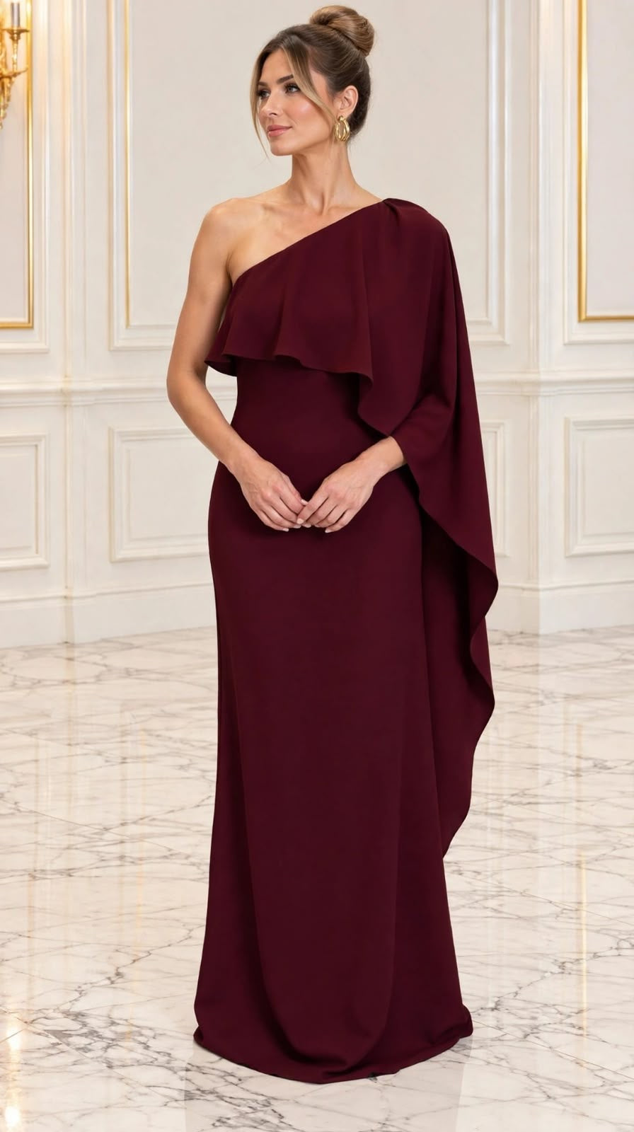One shoulder draped back maxi