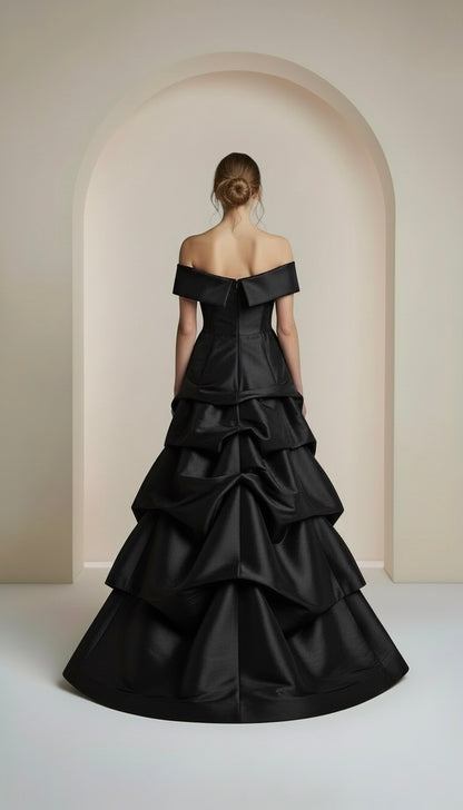 Off shoulder taffeta layered cupcake gown