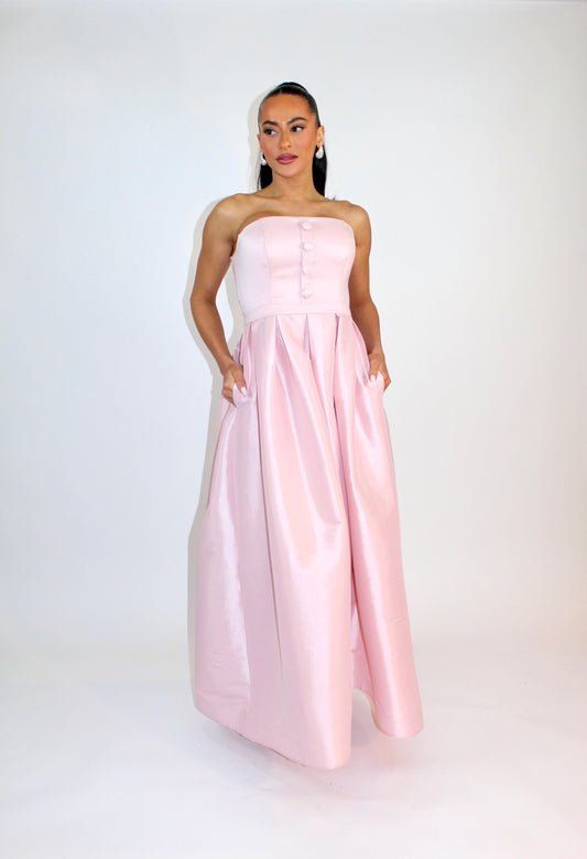 Indulge in luxury taffeta button detail strapless corset gown w pockets