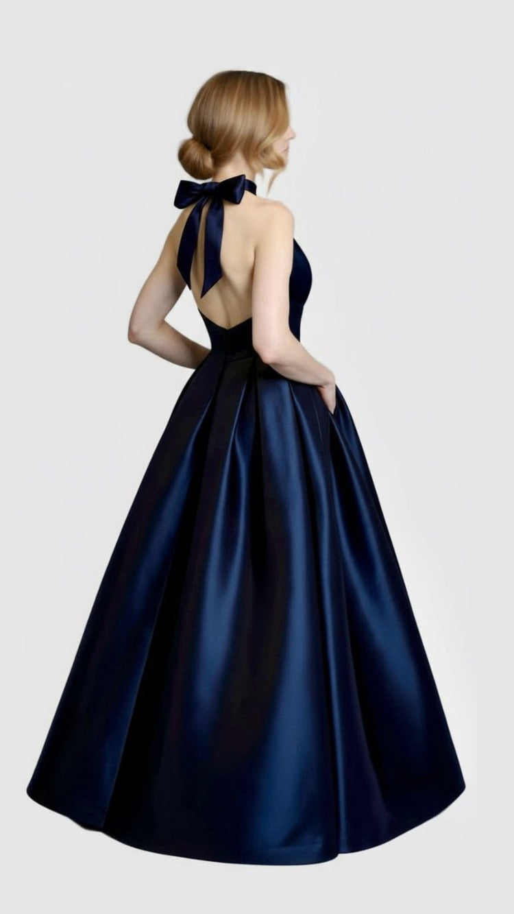 Deep plunging neckline halter taffeta ballgown