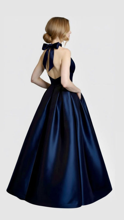 Deep plunging neckline halter taffeta ballgown