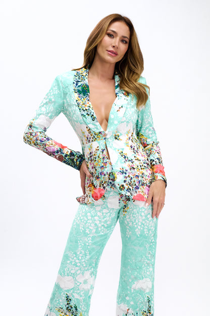 Stretchy floral lace tulip hem jacket and high waisted pants suit set