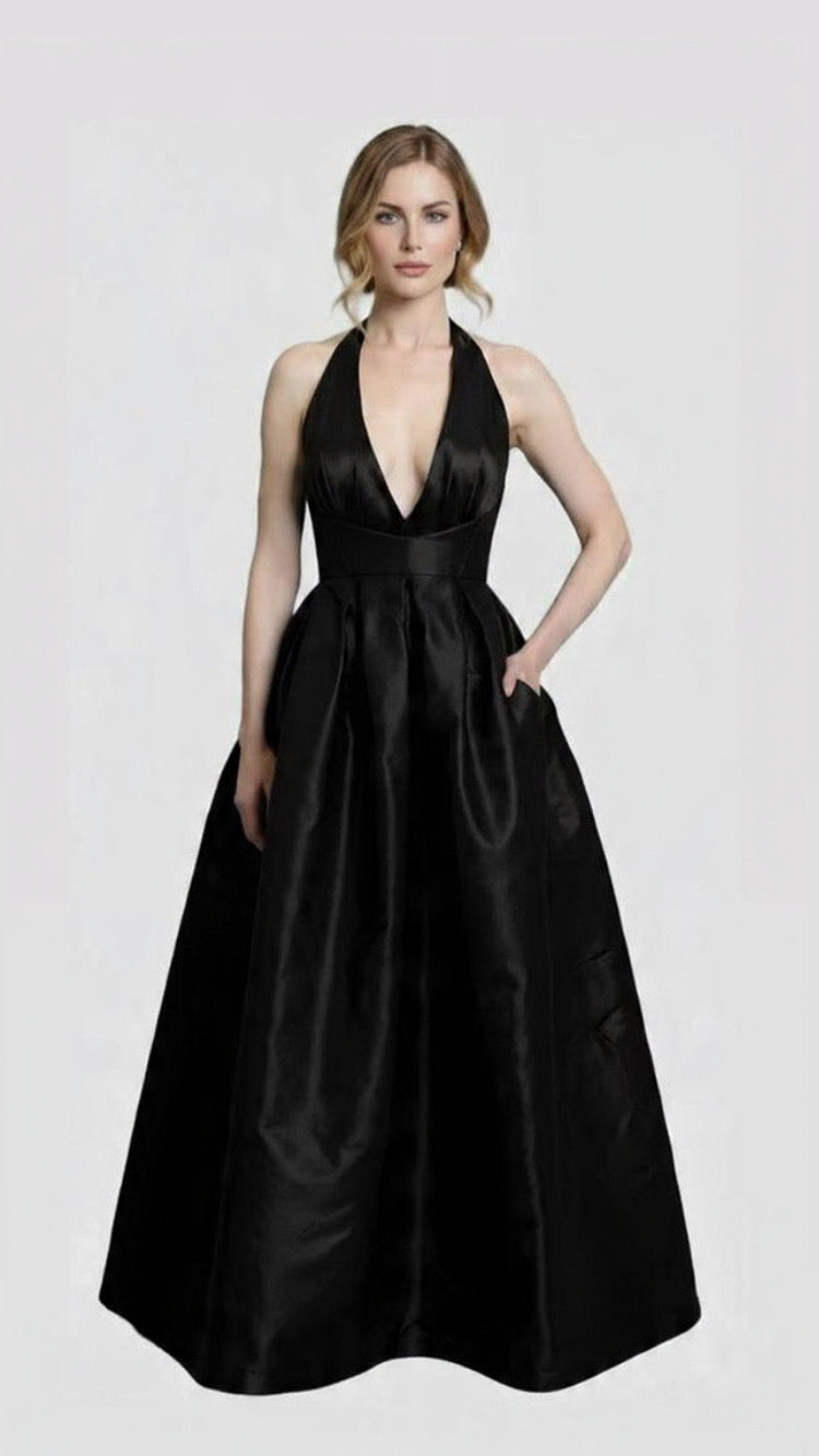 Deep plunging neckline halter taffeta ballgown