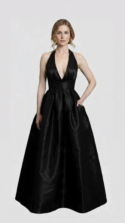 Deep plunging neckline halter taffeta ballgown