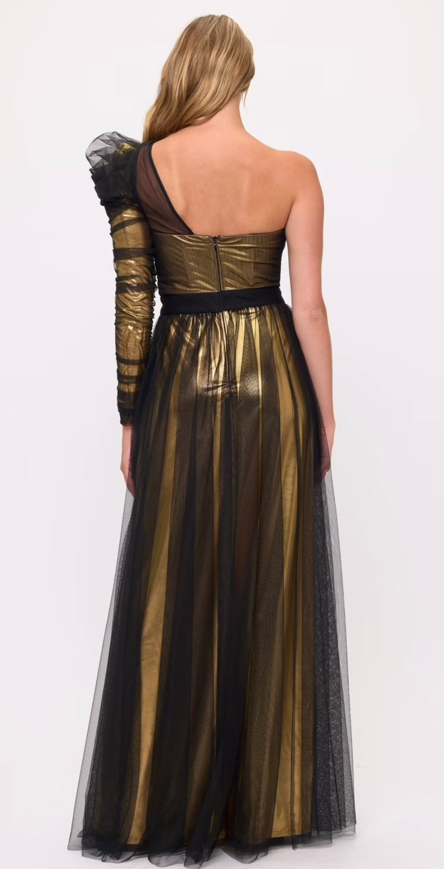 Metallic lamé and tulle one shoulder gathered side slit gown