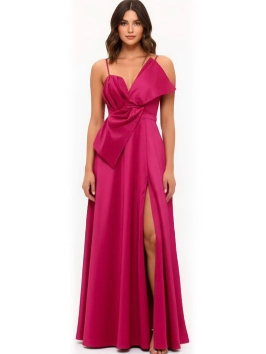 Asymmetrical oversized bow detail stretch taffeta slit gown