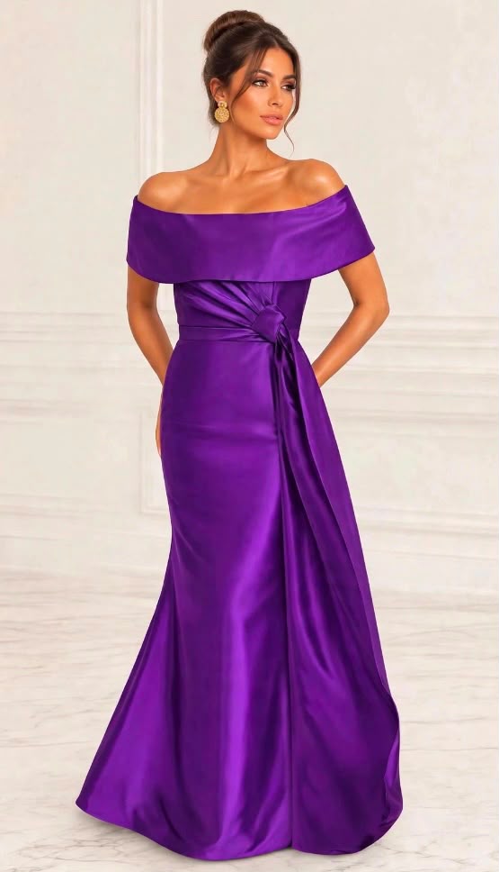 Off shoulder taffeta side gathered knot draped gown
