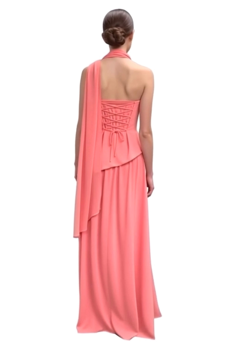 Strapless corset asymetrical peplum dobby slit gown and matching scarf