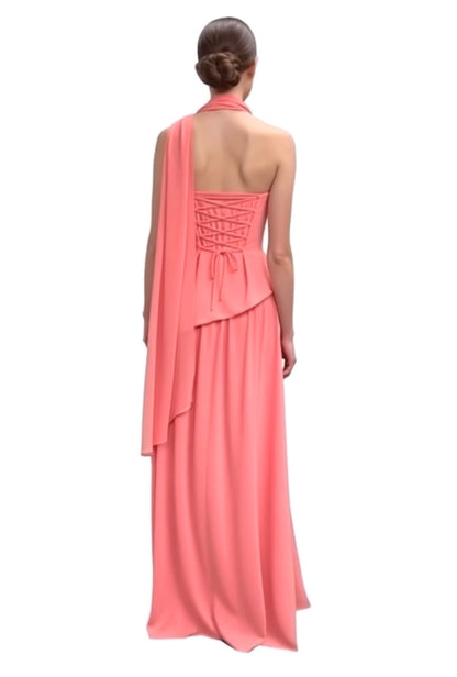 Strapless corset asymetrical peplum dobby slit gown and matching scarf