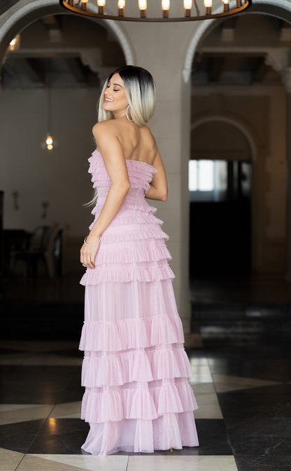 Strapless tulle tiered ruffle maxi dress