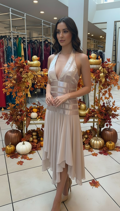 Silk striped ruffle trim drop waist halter neck midi dress