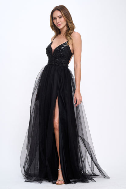 Sequin and tulle side slit tie back gown