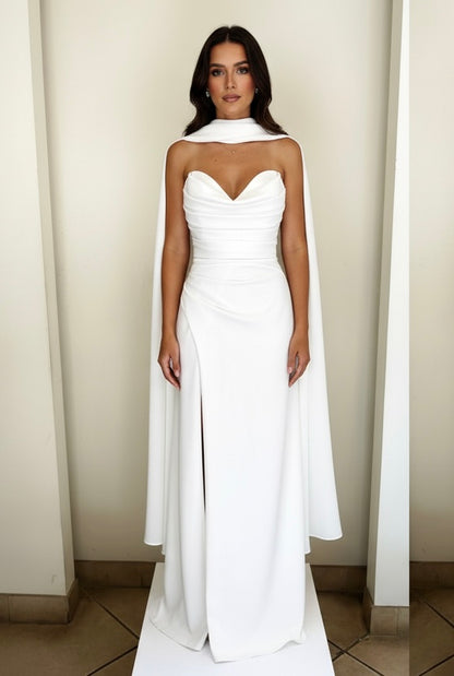 Sweetheart strapless gathered twill slit gown and matching scarf