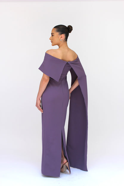 Dramatic elegance off shoulder draped split sleeve dress