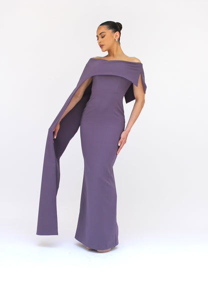 Dramatic elegance off shoulder draped split sleeve dress