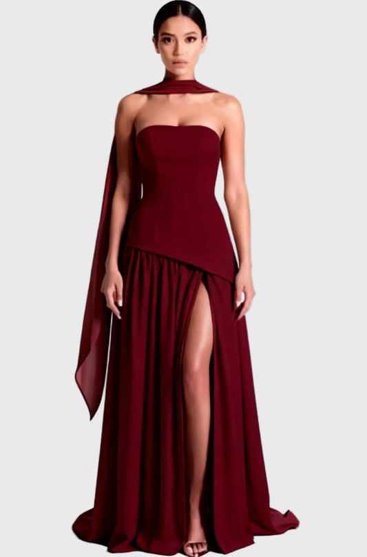 Strapless asymetrical corset slit gown