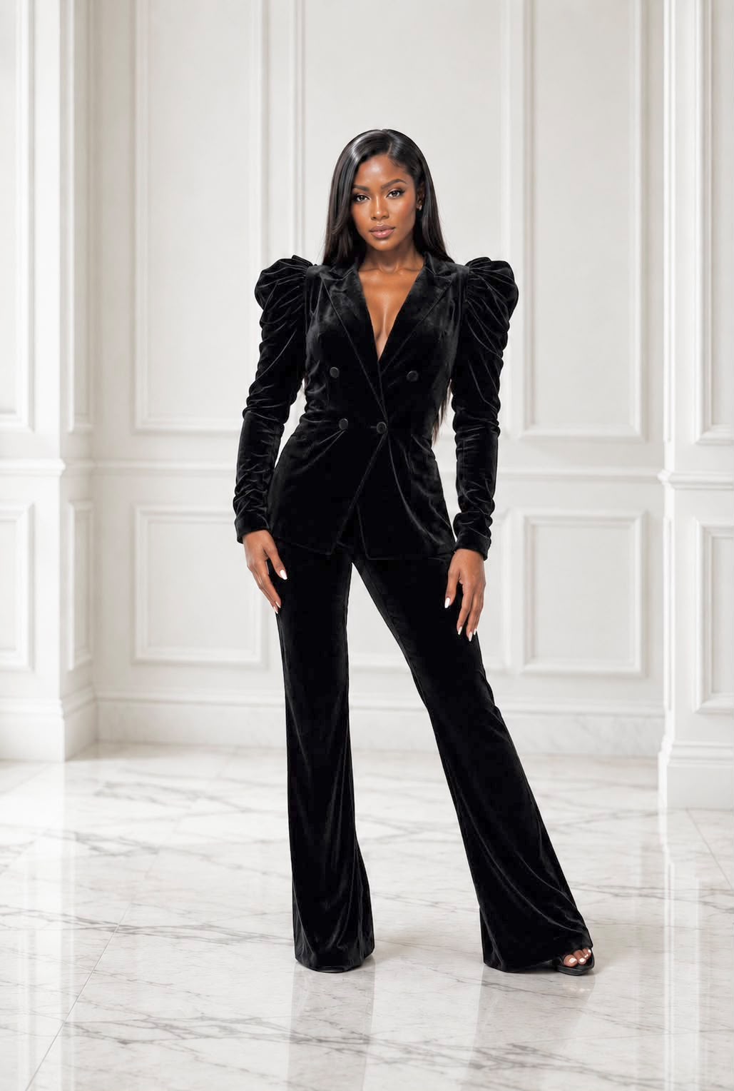 Stunning stretch velvet puffy sleeves suit set