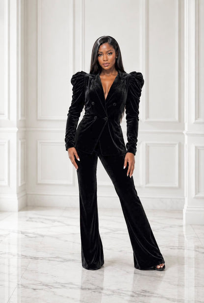 Stunning stretch velvet puffy sleeves suit set