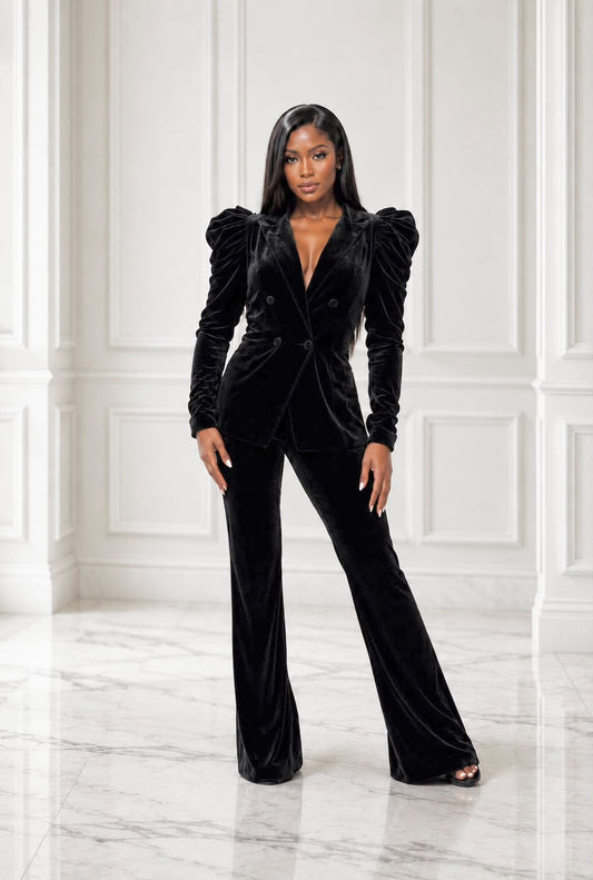 Stunning stretch velvet puffy sleeve suit set