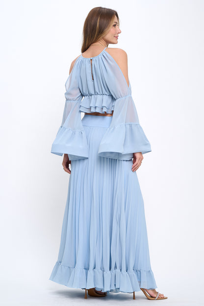 Chiffon ruffle crop top and maxi skirt set