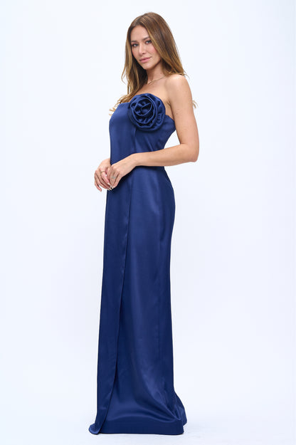Rose wrap strapless stretchy satin maxi gown