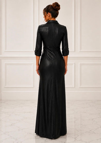 Chic metallic stretch lame 3/4 sleeves shirt dress