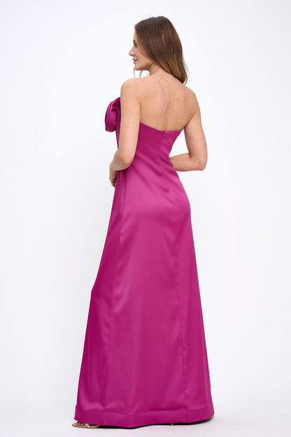 Rose wrap strapless stretchy satin maxi gown