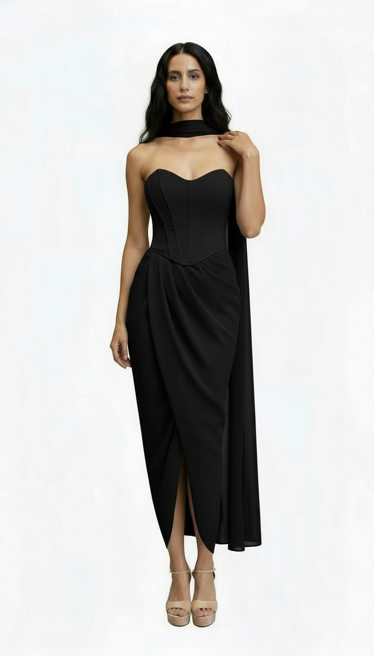 Strapless satin crepe corset gathered tulip hem maxi dress and matching scarf