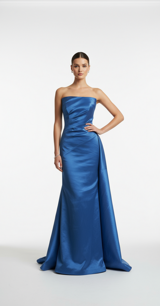 Strapless taffeta asymmetrical back detail gown