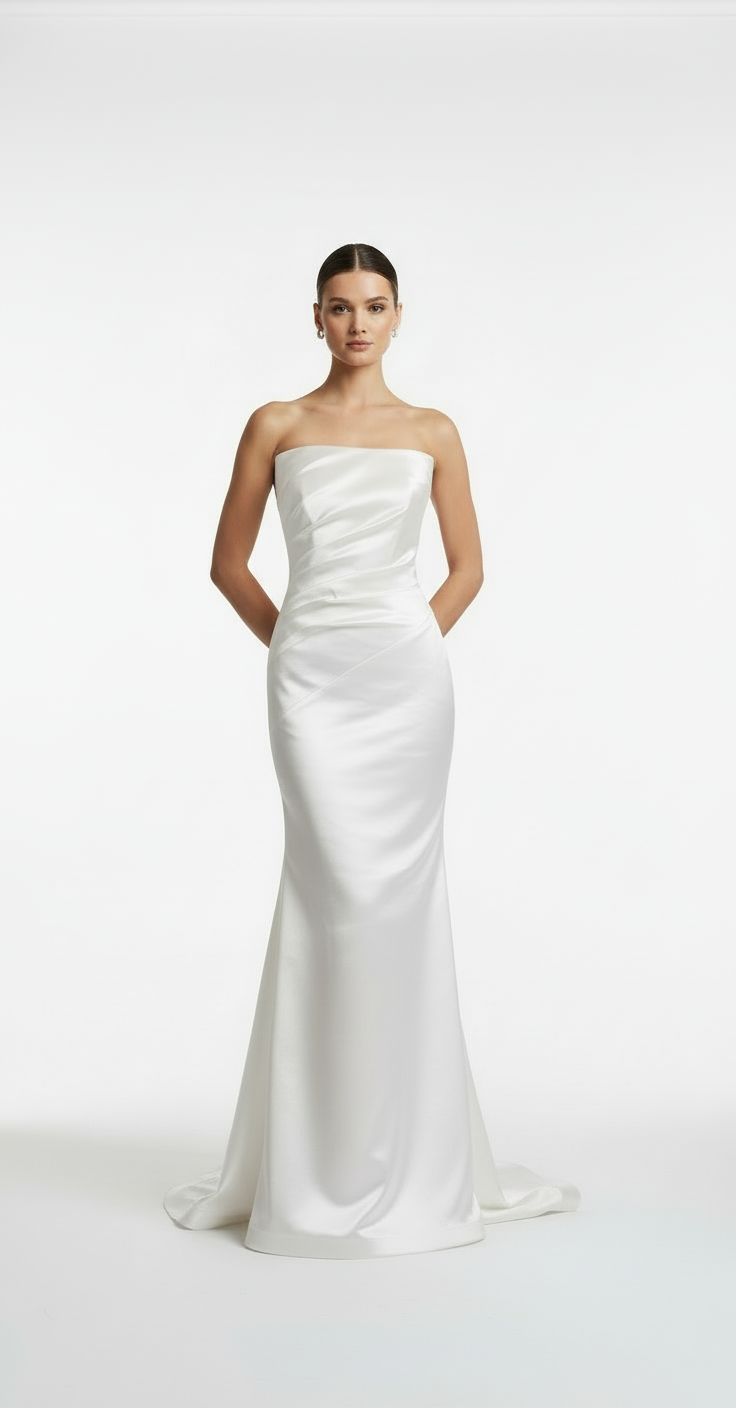 Strapless taffeta asymmetrical back detail gown