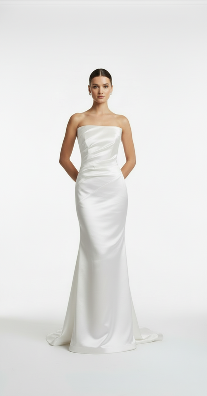 Strapless taffeta asymmetrical back detail gown
