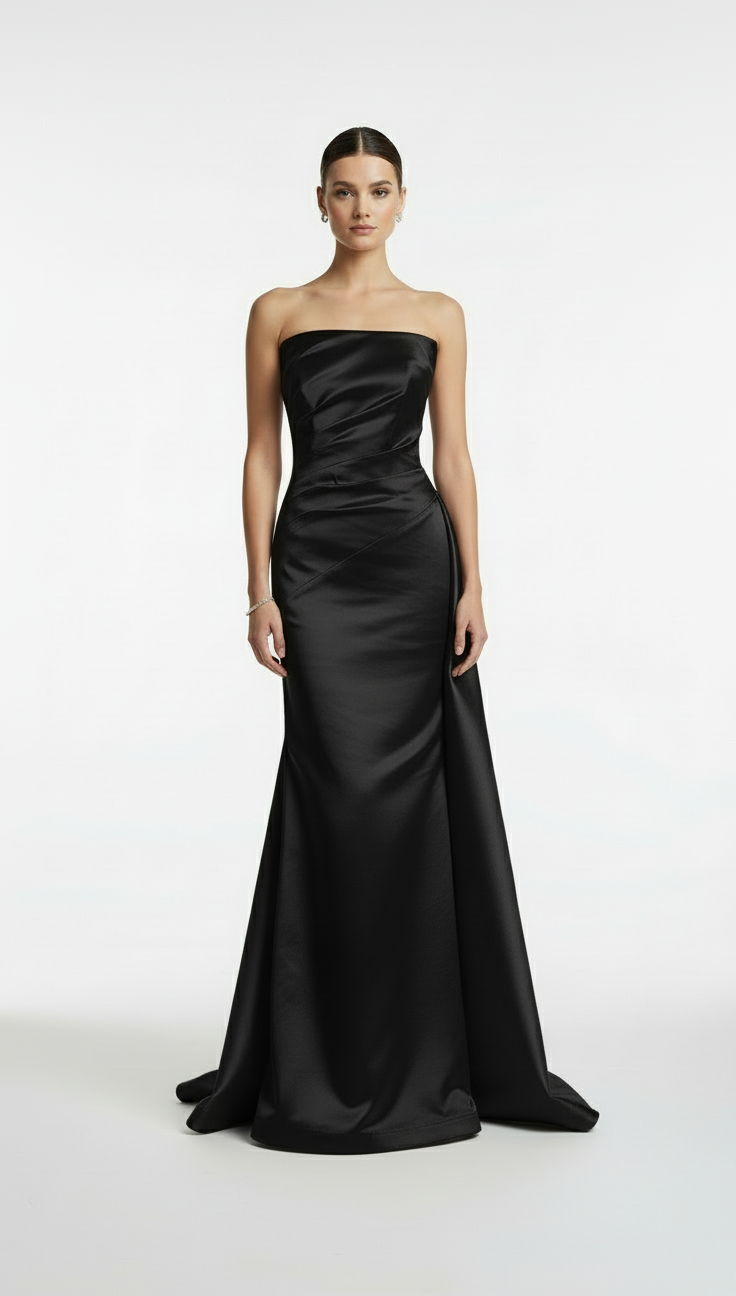 Strapless taffeta asymmetrical back detail gown