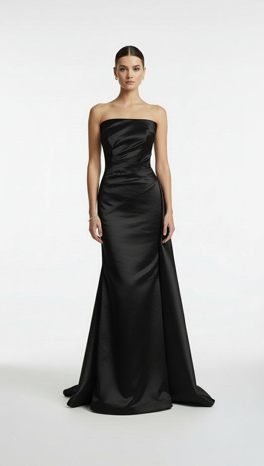 Strapless taffeta asymmetrical back detail gown