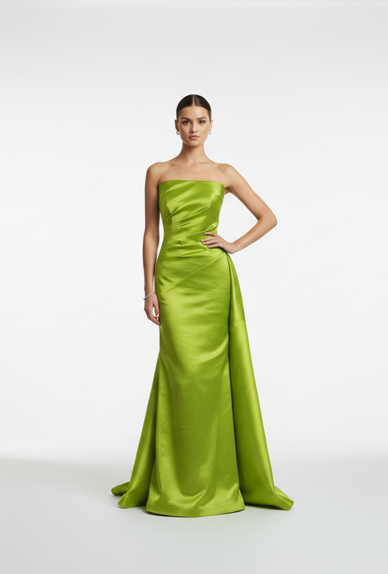 Strapless taffeta asymmetrical back detail gown