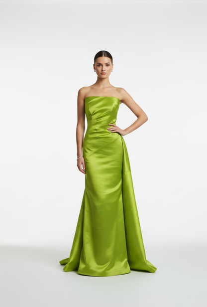 Strapless taffeta asymmetrical back detail gown