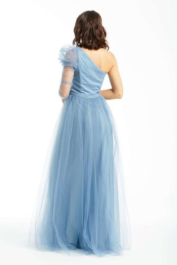 One shoulder front side slit tulle gown