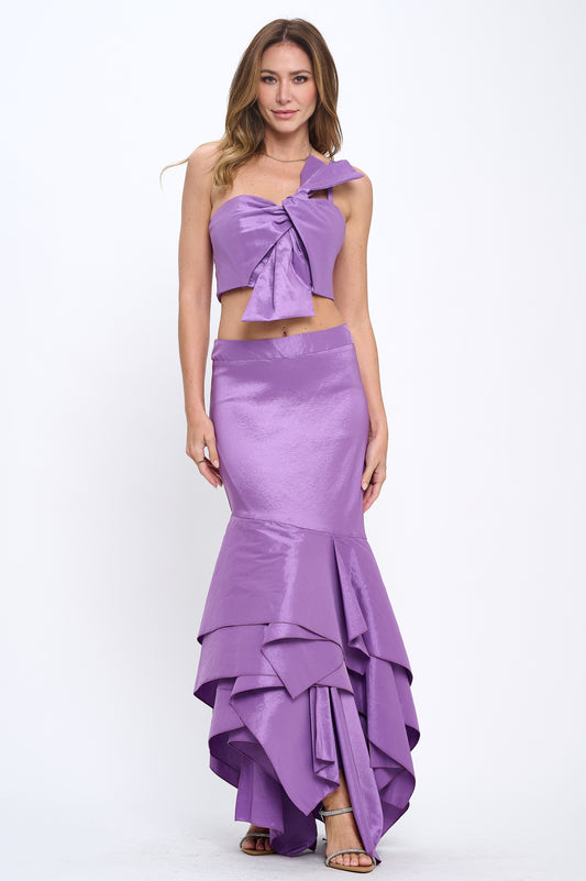 Taffeta bow crop top and ruffle layered skirt set