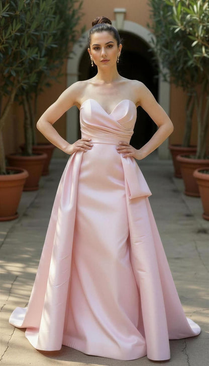 Strapless sweetheart taffeta gown with side bow and over skirt