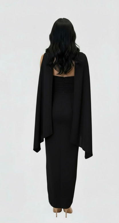 Strapless satin crepe corset gathered tulip hem maxi dress and matching scarf