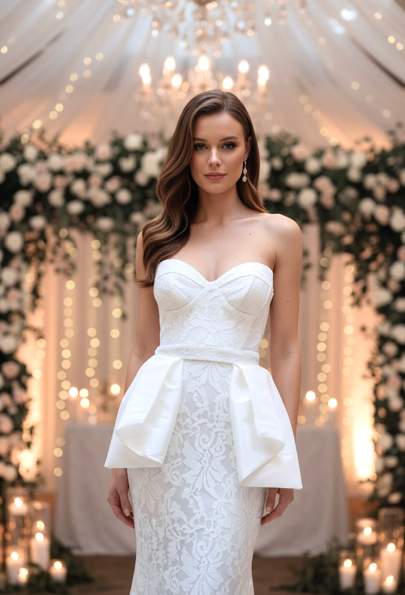 peplum mermaid wedding dress FAINA dress available for fitting in @demure_bridal A fishtail wedding dress with a removable peplum. The corset is complemented with fine lace and has a low waistline. The bottom of the corset
