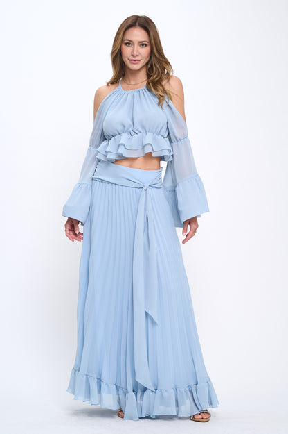 Chiffon ruffle crop top and maxi skirt set